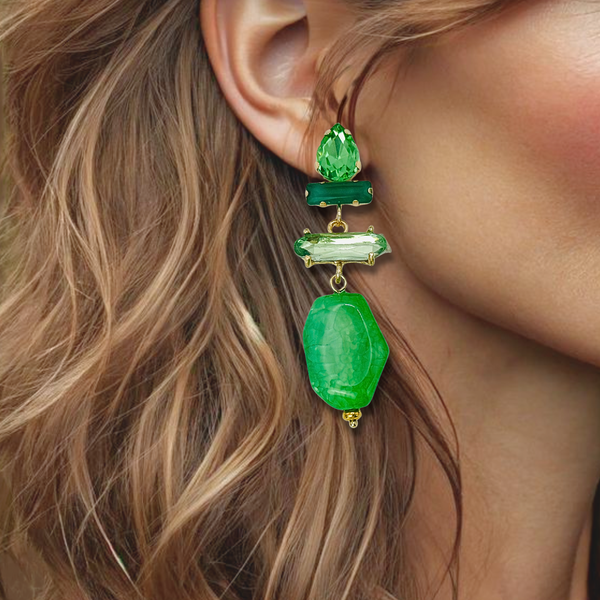 Green Agate Crystal Earrings | Gold