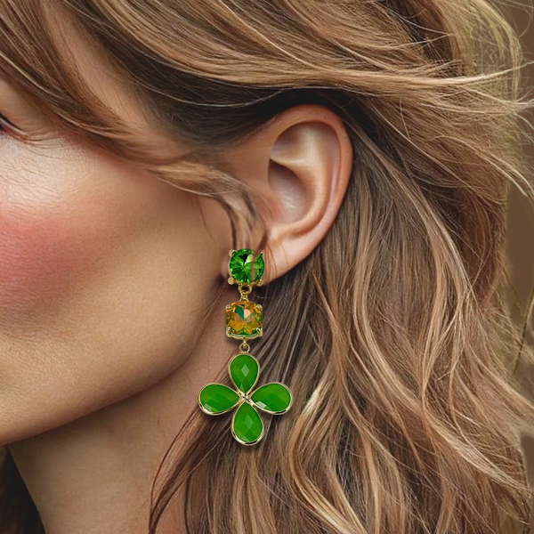 Green Crystal Flower Earrings | Gold