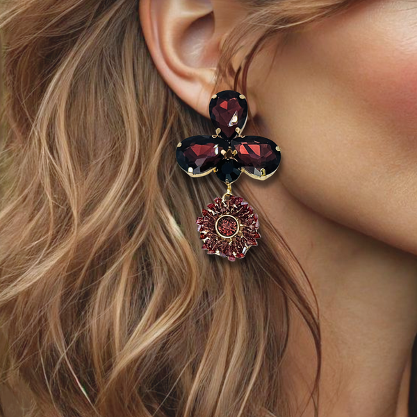 Long Burgundy Flowers Earrings | Gold