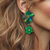 Dark Green Flowers Earrings | Gold
