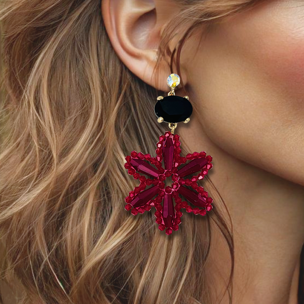 Red Black Flower Earrings | Gold