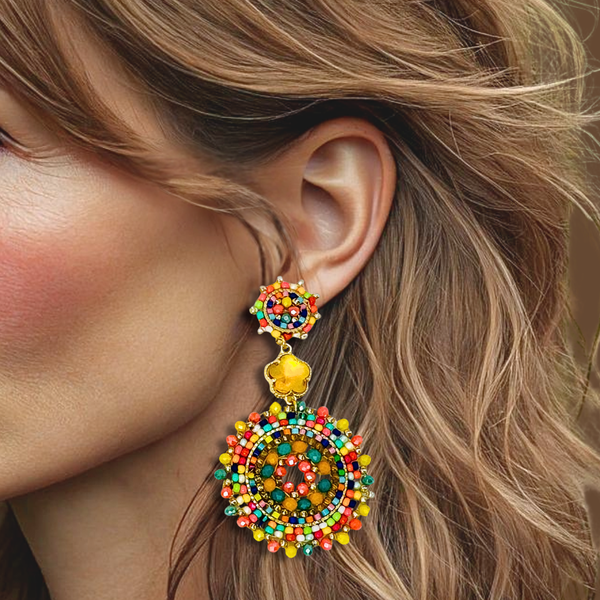 Orange Yellow Beads Earrings | Gold