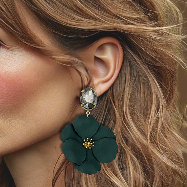 Grey Crystal Flower Earrings | Gold
