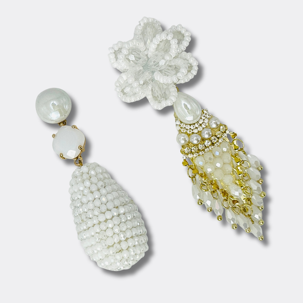 White Beads Flower Earrings | Gold