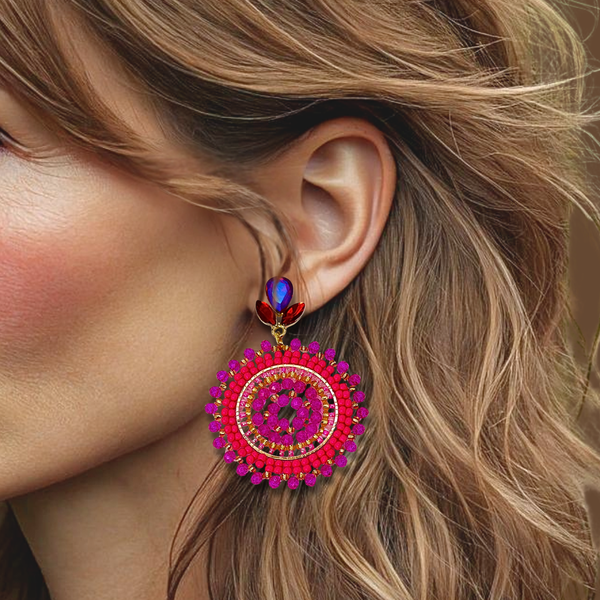 Fuchsia Flower Beads Earrings | Gold