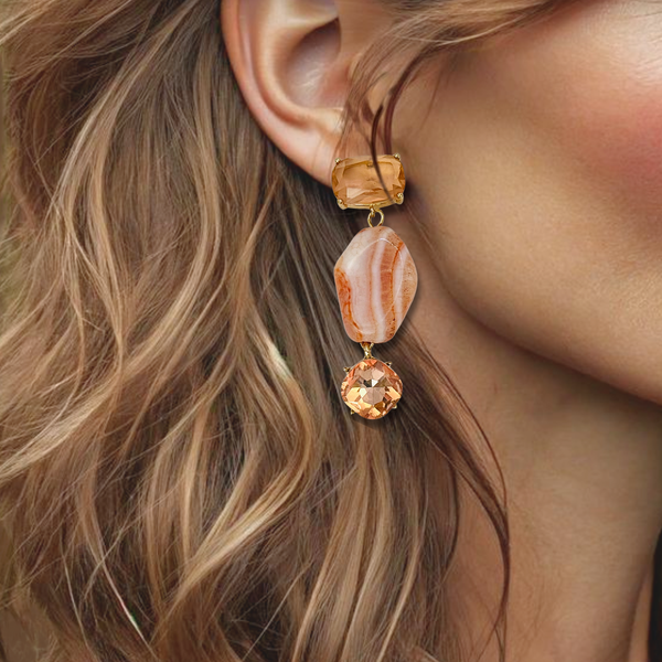 Pink Agate Crystal Earrings | Gold