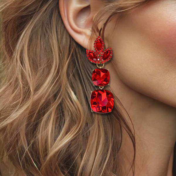 Red Strass Drop Earrings | Gold