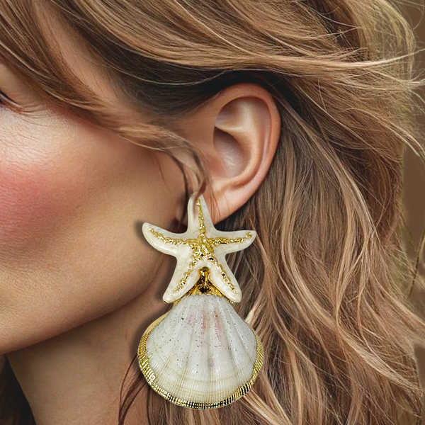 White Cockle Starfish Earrings | Gold