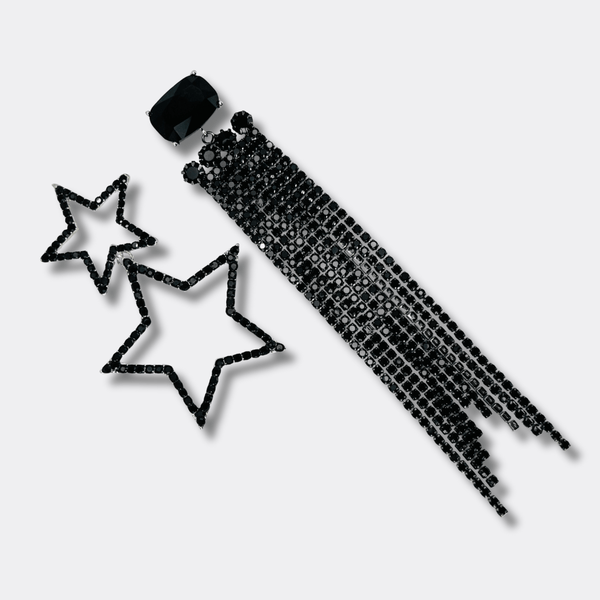 Big Black Strass Stars Earrings | Silver - Muze Earrings