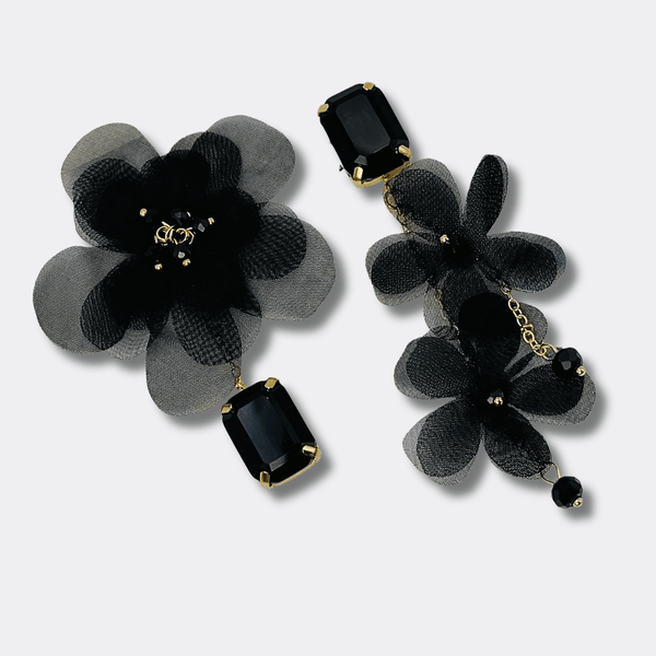 Black Mesh Flower Earrings | Gold - Muze Earrings