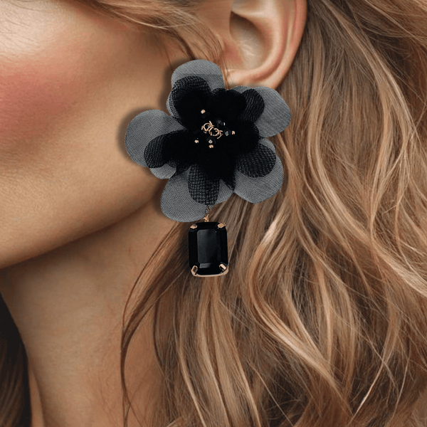 Black Mesh Flower Earrings | Gold - Muze Earrings