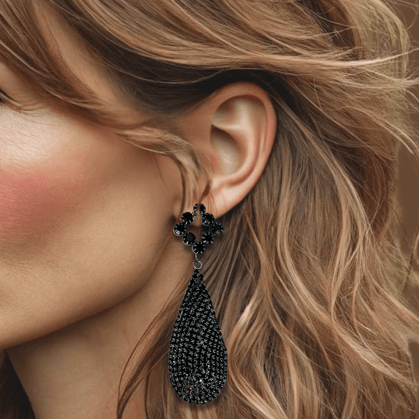 Black Strass Glam Earrings | Silver - Muze Earrings