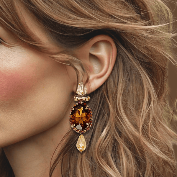 Cognac Crystal Glam Earrings | Gold - Muze Earrings