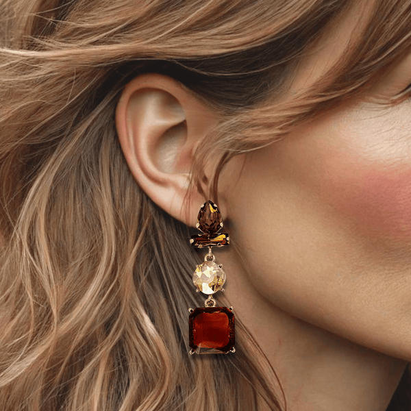 Cognac Crystal Glam II Earrings | Gold - Muze Earrings