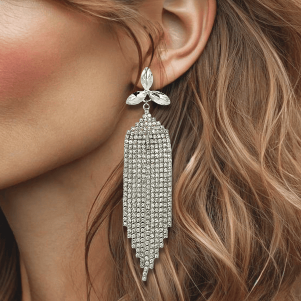 Crystal Long Glitters Earrings | Silver - Muze Earrings