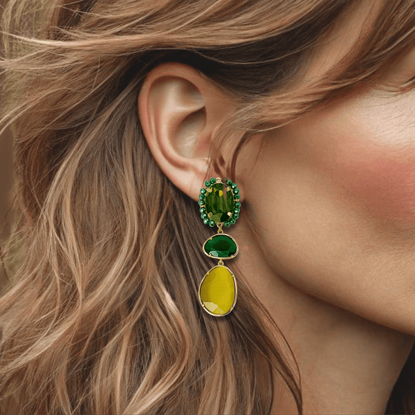 Green Cat Eye Glam Earrings | Gold - Muze Earrings