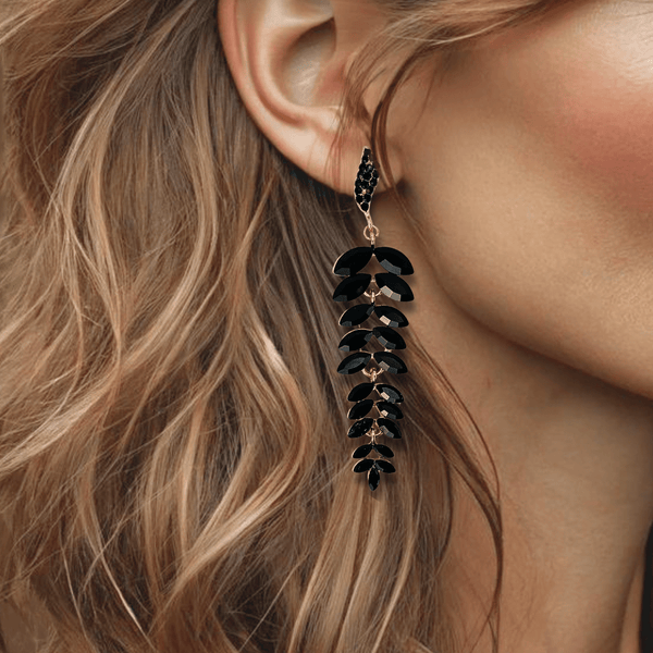 Long Black Strass Earrings | Gold - Muze Earrings