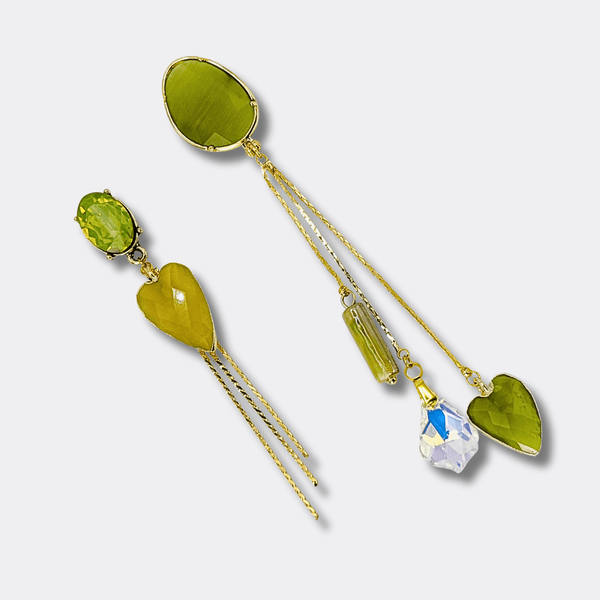 Long Olive Green Agate Earrings | Gold - Muze Earrings