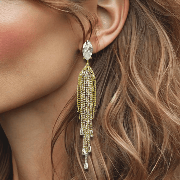 Long Strass Triangle Earrings | Gold - Muze Earrings