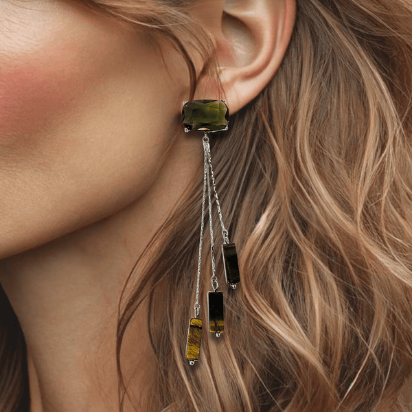 Long Tiger Eye Earrings | Silver - Muze Earrings