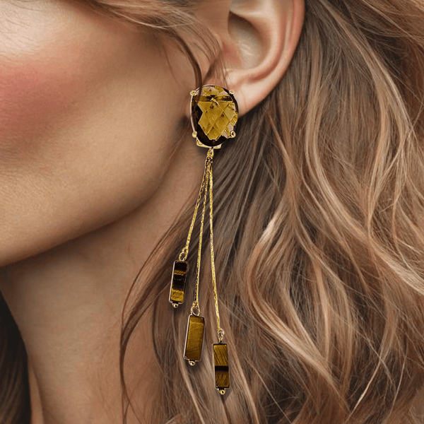 Long Tigereye Earrings | Gold - Muze Earrings