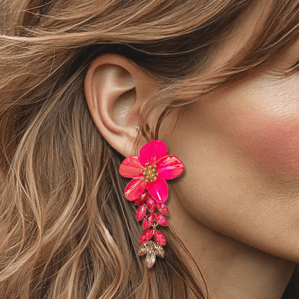 Shiny Pink Flower Earrings | Gold - Muze Earrings