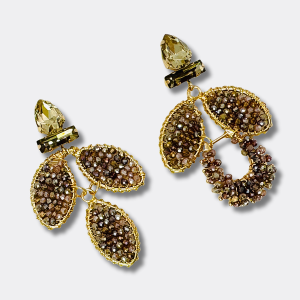 Brown Beaded Leaf Earrings | Gold