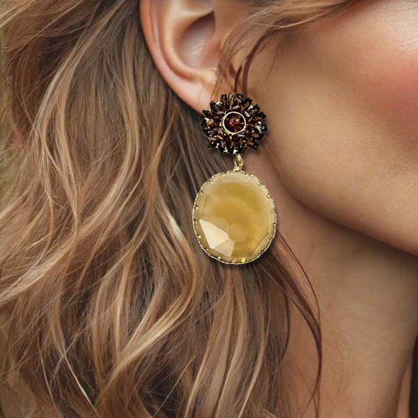 Clip Brown Crystal Earrings | Gold