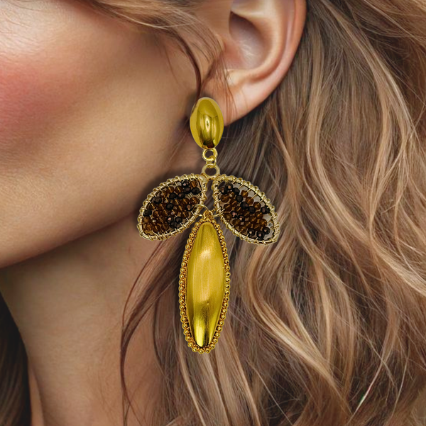 Copper Beaded Leaf Earrings | Gold