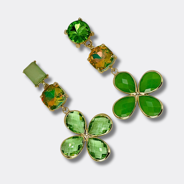 Green Crystal Flower Earrings | Gold