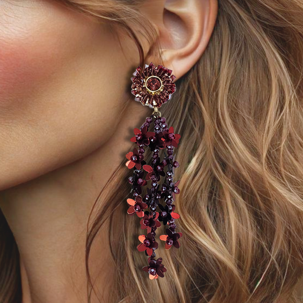 Long Burgundy Flowers Earrings | Gold