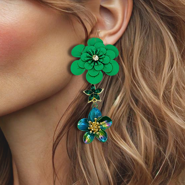 Dark Green Flowers Earrings | Gold