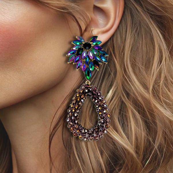 Purple Green Peacock Earrings | Gold