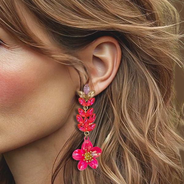 Shiny Pink Flower Earrings | Gold