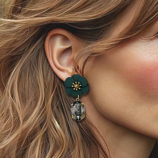 Grey Crystal Flower Earrings | Gold