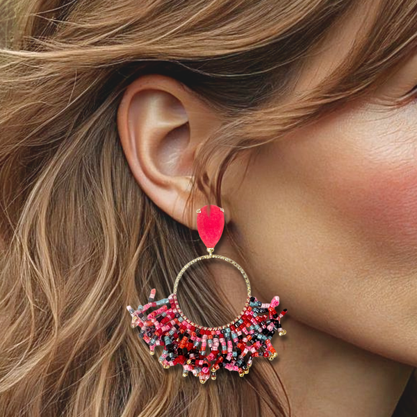 Fuchsia Flower Beads Earrings | Gold