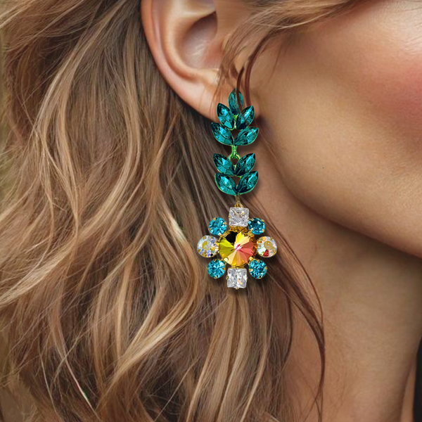 Green Blue Flower Earrings | Gold