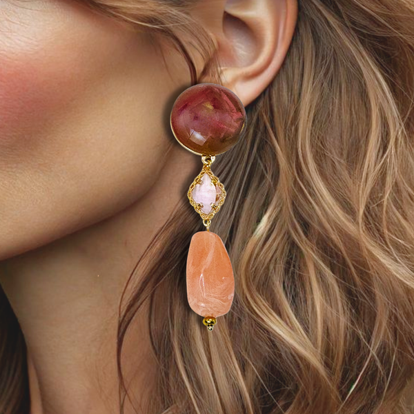 Pink Resin Crystal Earrings | Gold