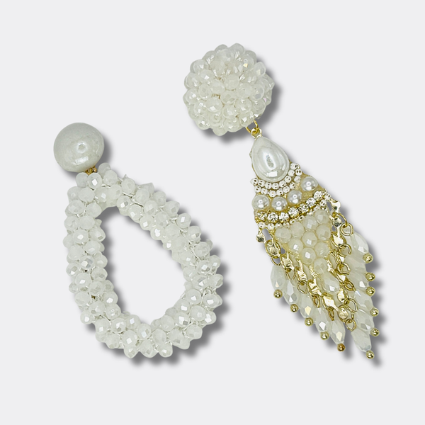White Beads Flower Earrings | Gold