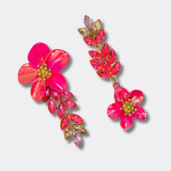 Shiny Pink Flower Earrings | Gold