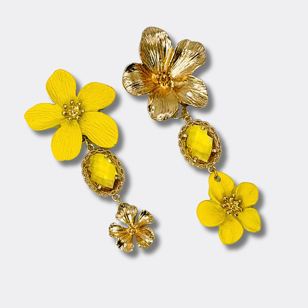 Yellow Crystal Flower Earrings | Gold