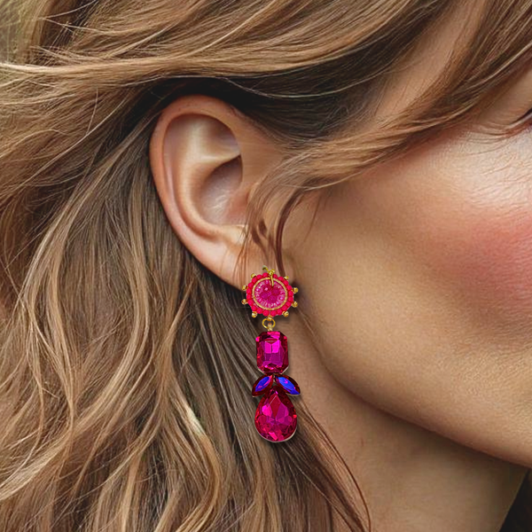 Fuchsia Flower Beads Earrings | Gold