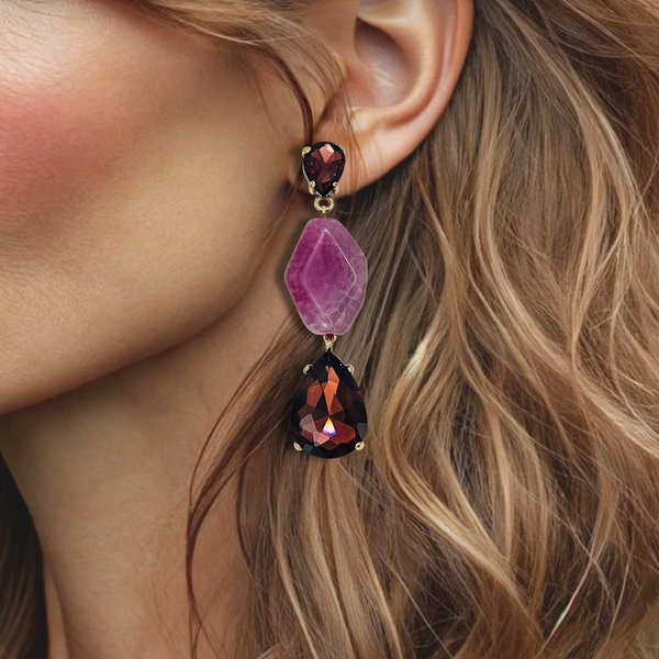 Purple Agate Crystal Earrings | Gold