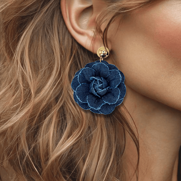 Blue Denim Flower Earrings | Gold - Muze Earrings