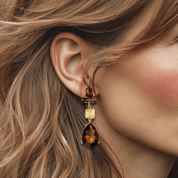Cognac Crystal Glam Earrings | Gold - Muze Earrings