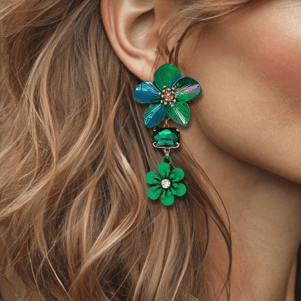 Dark Green Flower Earrings | Gold - Muze Earrings