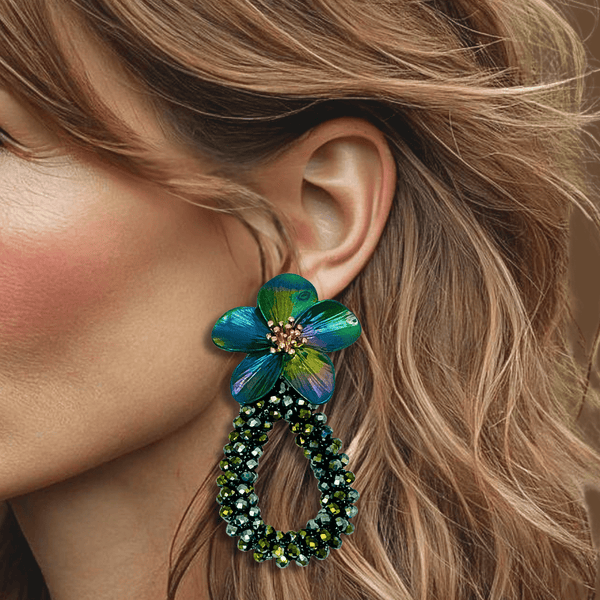 Green Flower Facet Earrings | Gold - Muze Earrings