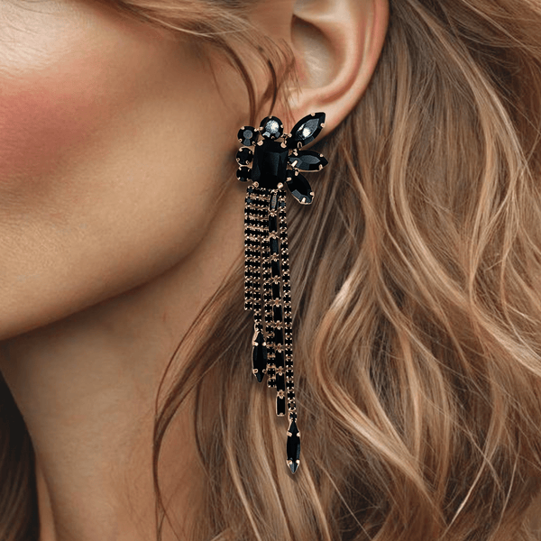 Long Black Crystal Earrings | Gold - Muze Earrings
