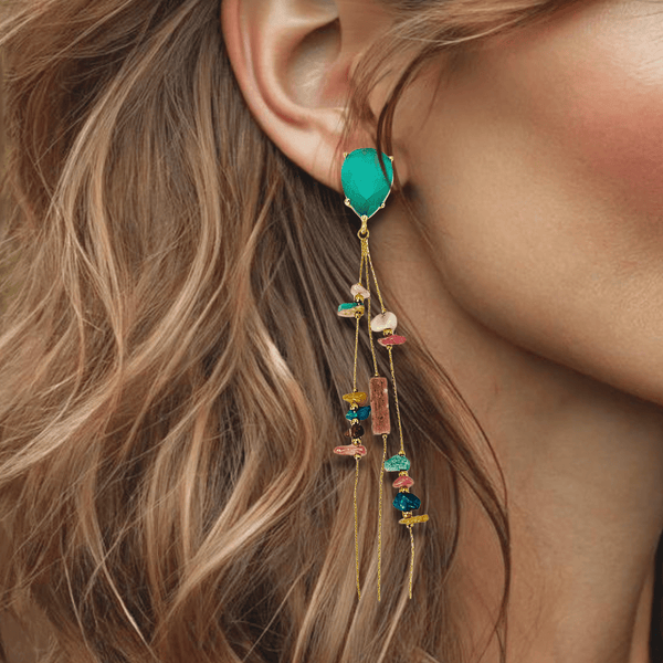 Long Colorful Gems Earrings | Gold - Muze Earrings