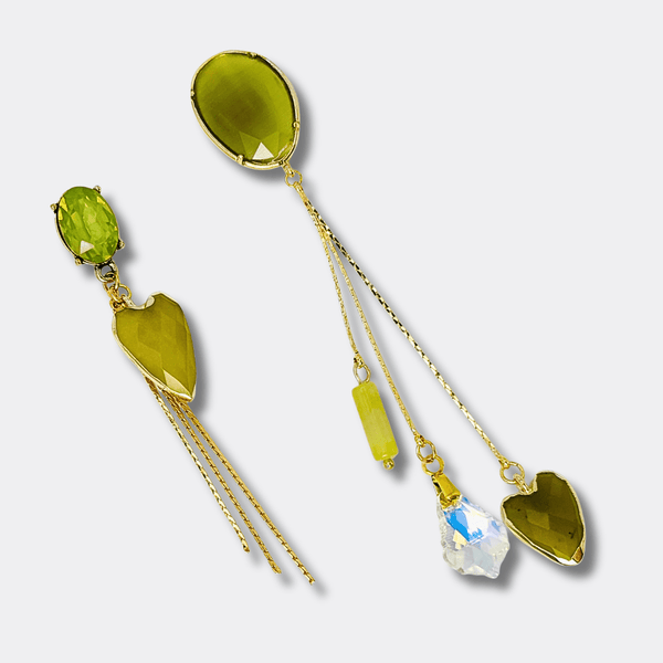 Long Olive Green Agate Earrings | Gold - Muze Earrings